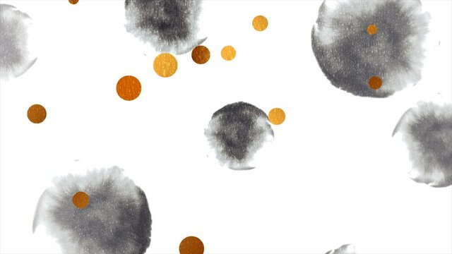 Abstract black golden grunge motion background with watercolor paint circles. Seamless looping. Video animation Ultra HD 4K 3840x2160