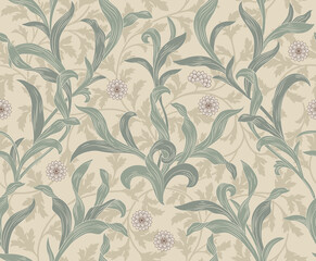 Vintage floral seamless pattern with leaves on light background. Vector illustration. - 381900803