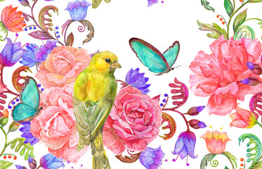 seamless texture abstract fancy floral, bouquet of pink roses and yellow bird. watercolor painting