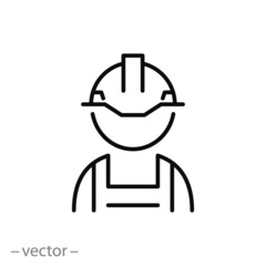 builder or constructor icon, construction worker, hard helmet, safety first concept,  thin line web symbol on white background - editable stroke vector illustration eps10

