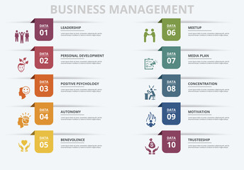 Infographic Business Management template. Icons in different colors. Include Leadership, Personal Development, Positive Psychology, Autonomy and others.