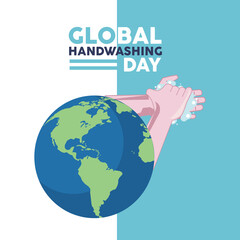 global handwashing day lettering with hands washing and earth planet