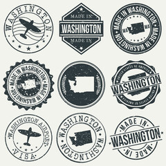 Washington State Set of Stamps. Travel Stamp. Made In Product. Design Seals Old Style Insignia.