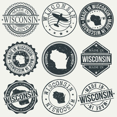 Wisconsin Set of Stamps. Travel Stamp. Made In Product. Design Seals Old Style Insignia. - obrazy, fototapety, plakaty