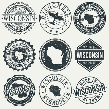 Wisconsin Set of Stamps. Travel Stamp. Made In Product. Design Seals Old Style Insignia.