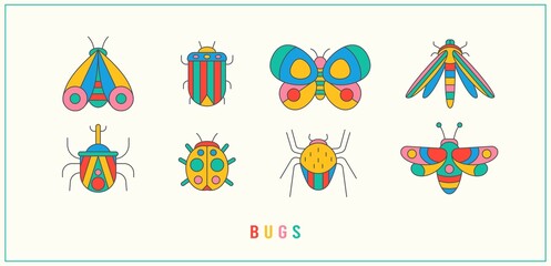 Various Outline Bugs, Butterfly, Moth. Different insects. Minimalistic scandinavian colorful Icons. Simple geometric design. Trendy Vector illustrations for kids. All elements are isolated
