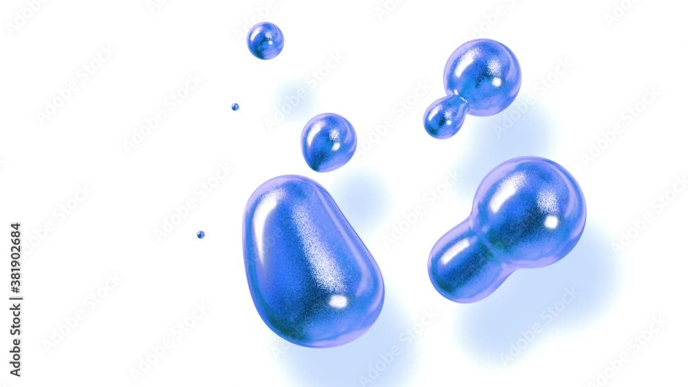 Poster amasing abstract background of metaballs as if glass drops or spheres filled with blue sparkles merg