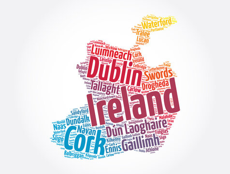 List of cities and towns in Ireland, map word cloud collage, business and travel concept background