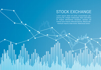 Blue stock market or financial candlestick chart with rising and falling trend and text, vector