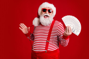 Photo of pensioner old man grey beard hold money cash fan play strap have fun millionaire wear...
