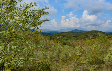 Beautiful mountain range in summer against a blue sky with clouds. blurry focus