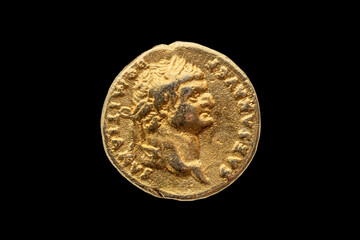 Roman gold aureus replica coin obverse of Roman Emperor Domitian AD 81-96  cut out and isolated on...