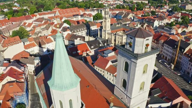 aerial flight over the city of Zittau with the Johannis church 