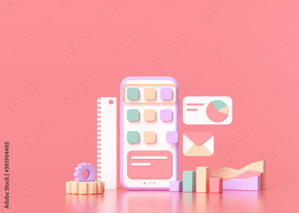 Poster mobile application building concept. user interface and web design for smartphone device platform 3d