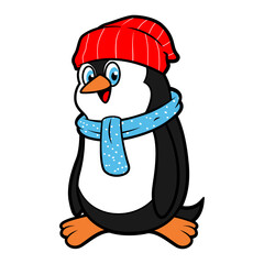Funny Little Penguin wearing caps and scarf, best for winter holidays illustrations themes for kids, cartoon vector