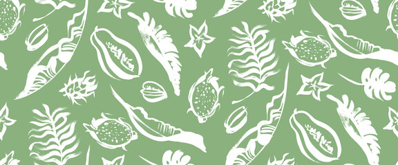 seamless green pattern with white tropical palm leaves and fruits for food and cafe related surface design