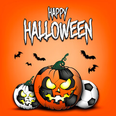 Happy Halloween. Template football design. Soccer balls in the form of a pumpkins on an isolated background. Pattern for banner, poster, greeting card, flyer, party invitation. Vector illustration