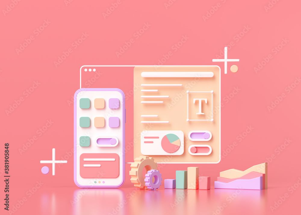 Poster application development and ui-ux design concept 3d render illustration