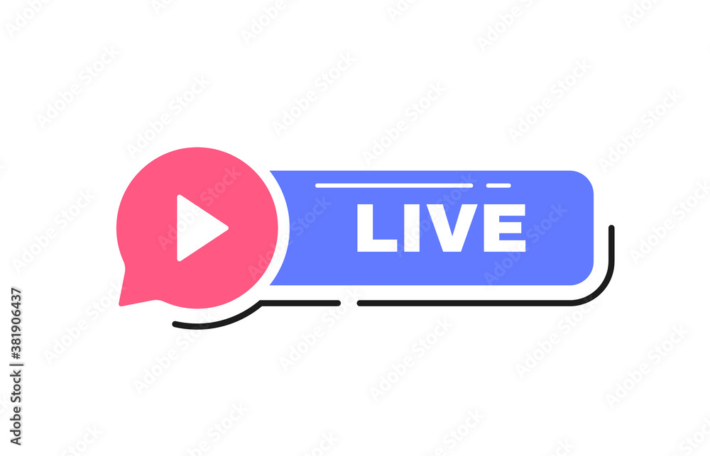 Poster live streaming label button with microphone emblem on message bubble. logo design. vector illustrati
