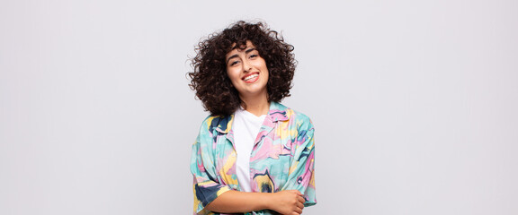  laughing shyly and cheerfully, with a friendly and positive but insecure attitude