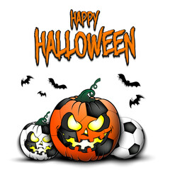 Happy Halloween. Template football design. Soccer balls in the form of a pumpkins on an isolated background. Pattern for banner, poster, greeting card, flyer, party invitation. Vector illustration