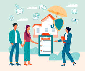 Property or home insurance banner with insurance agent signing assurance contract with house owners. Disaster and accident case insurance for private proprietorship, flat vector illustration.