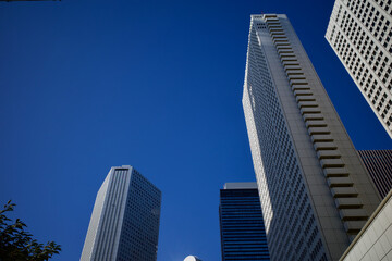 Fototapeta na wymiar 西新宿、副都心の高層ビル街と地下通路。高層ビル、青空、地下通路、緑の対比です。