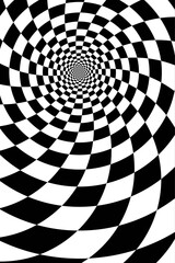 Abstract Black and White Pattern with Spiral. Contrasty Optical Psychedelic Illusion of Tunnel. Smooth Lines and Chessboard in Perspective on White Background. Raster. 3D Illustration