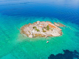 Aerial view of Mamula island fort, Boka Kotorska bay of Adriatic sea, Montenegro. Drone shot
