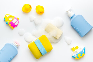 Flat lay of baby care products for bathroom. Top view