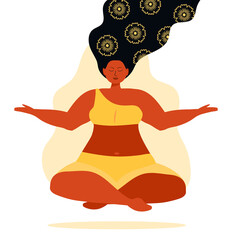 Yoga concept vector. African or Indian woman meditate. Self-improvement, controlling mind and emotions, zen relax concentration yoga practice. Girl is sitting in lotus position.