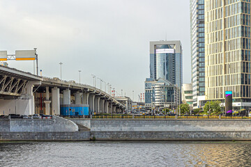 North tower skyscraper and Dorogomilovsky bridge in Moscow-city