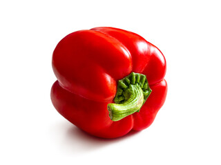 Red pepper with shiny skin and juicy green stem, on a white background