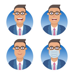 Fototapeta premium Business avatars set. Businessman or manager different emotions: smile, joy, laughter, attentive service. Medical mask, the COVID-19 protecting.