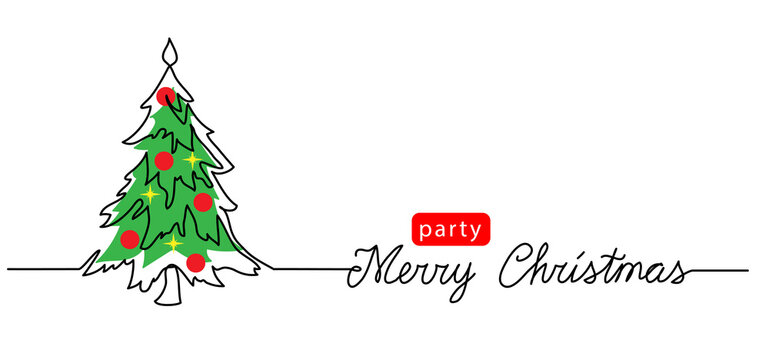 New year tree one continuous line drawing with lettering Merry Christmas. Minimalist tree web banner, background, poster with party announcement.
