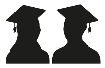 College girl and boy students, university graduates in graduation cap and gown silhouette avatar set. Vector illustration.
