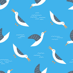 Seagulls and waves flat vector seamless pattern