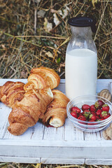 Breakfast with croissant and milk on farm.