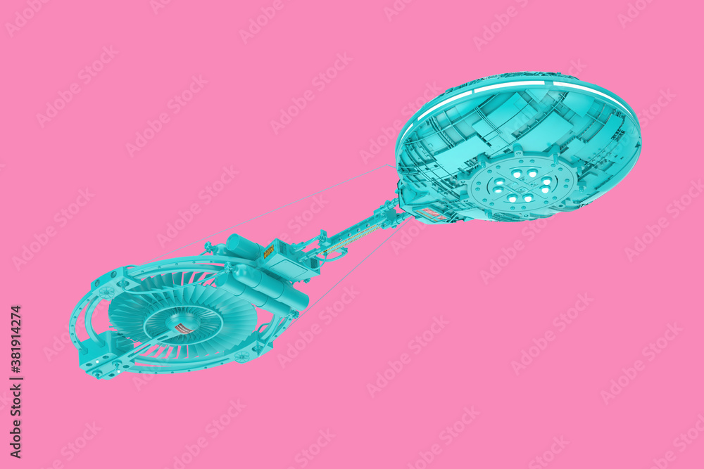 Poster blue spaceship, space station or alien ufo spacecraft in duotone style. 3d rendering