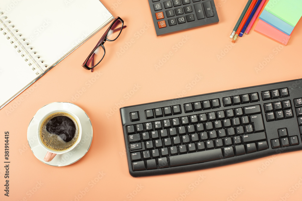 Aufkleber top view from above of keyboard with notepad and coffee. flat lay with blank copy space.