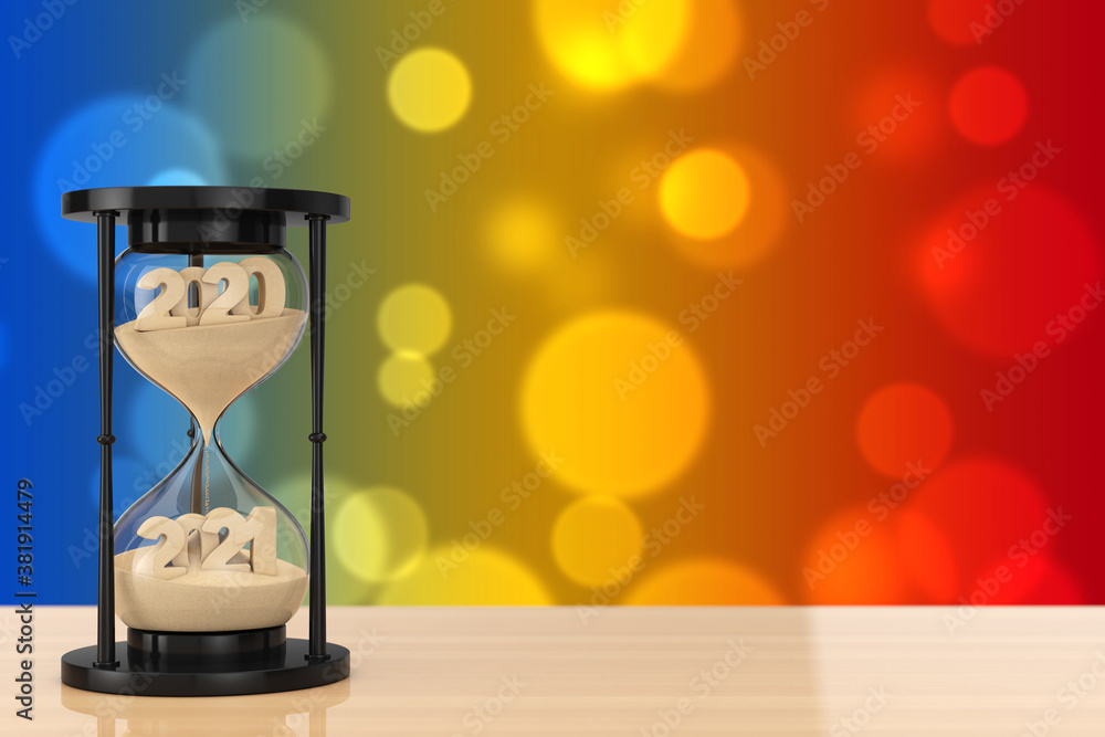 Poster New 2020 Year Concept. Sand Falling in Hourglass Taking the Shape from 2020 to 2021 year. 3d Rendering