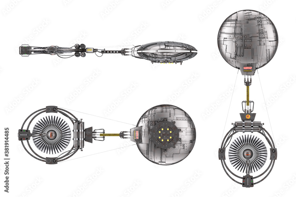Poster spaceship, space station or alien ufo spacecraft in flight. 3d rendering