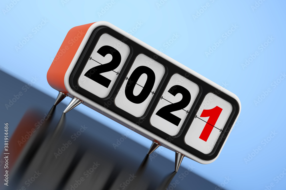 Poster retro flip clock with 2021 new year sign. 3d rendering