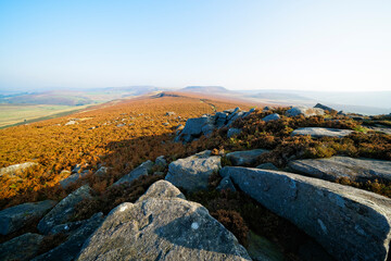Hathersage Moor on a bright, misty autumn morning.