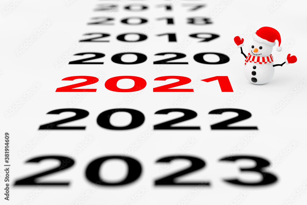 Aufkleber new 2021 year sign with snowman. 3d rendering