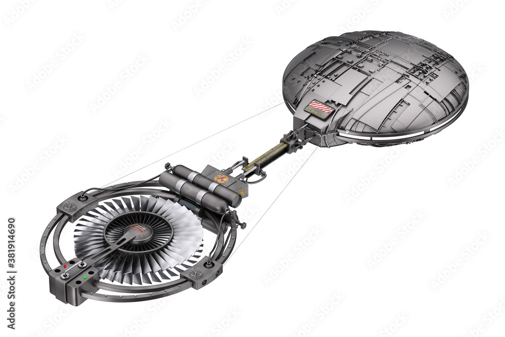 Poster spaceship, space station or alien ufo spacecraft in flight. 3d rendering