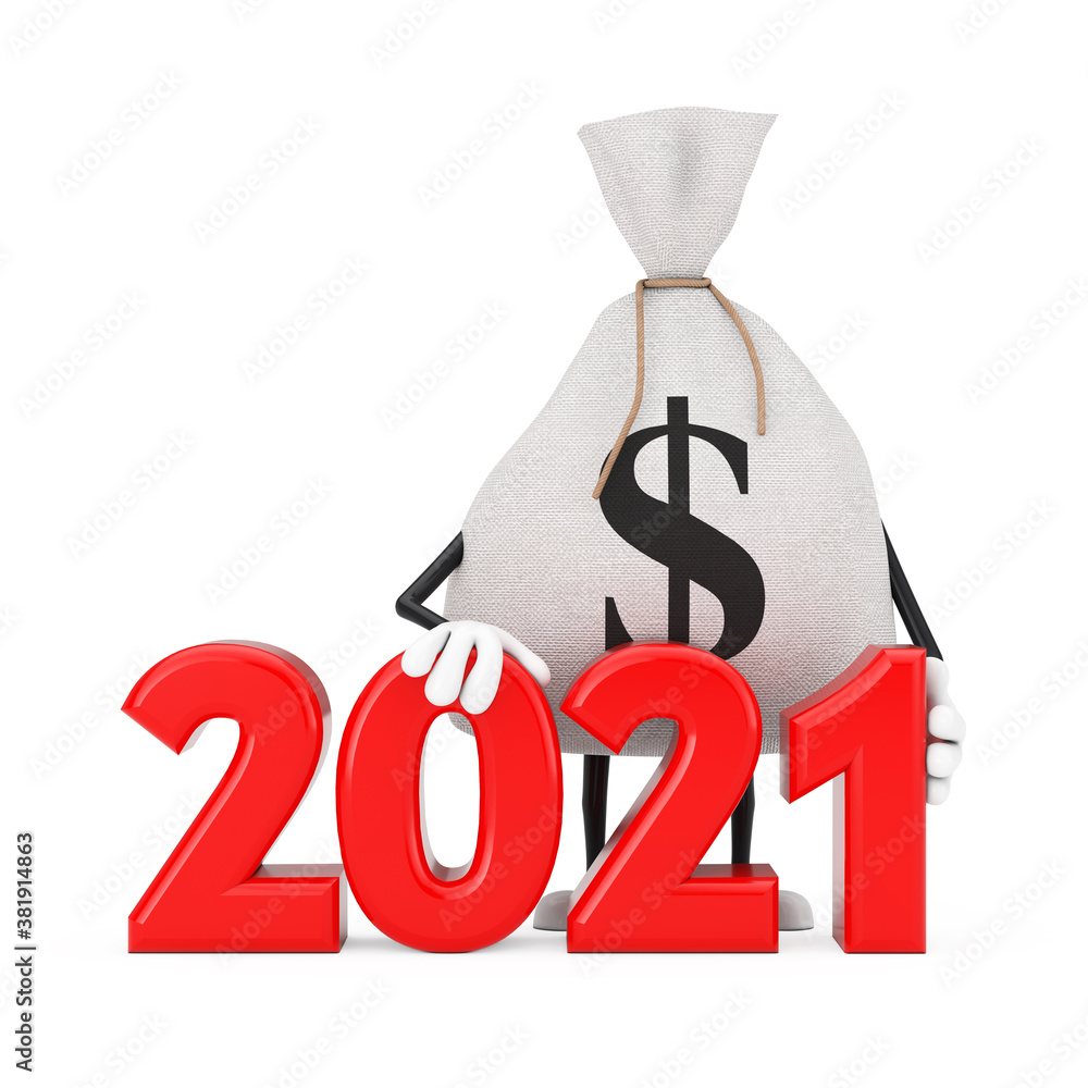 Aufkleber tied rustic canvas linen money sack or money bag and dollar sign character mascot with red new year 
