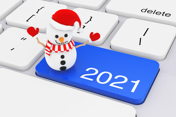 Blue 2021 New Year Key with Snowman on White PC Keyboard. 3d Rendering