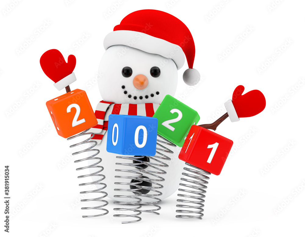 Poster new year concept. snowman near christmas spring cubes with 2021 new year sign. 3d rendering