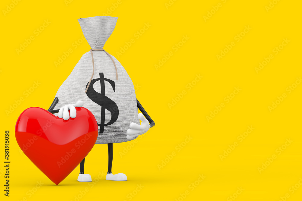 Aufkleber tied rustic canvas linen money sack or money bag and dollar sign character mascot with red heart. 3d